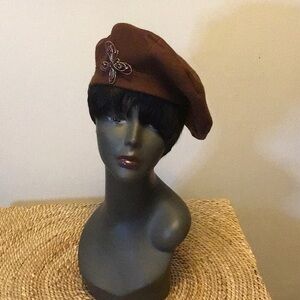 Vintage, brown, stitched wool, French beret, button beret Beautiful!